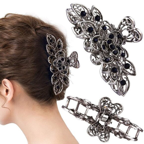 Accessories - Vintage Rhinestone Flower Hair Claw Clip Navy Blue Thick Hair Accessories